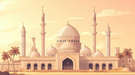 Obraz premium Serene Desert Landscape Featuring Majestic Mosque Surrounded by Palm Trees Against Soft Pastel Sunset Sky