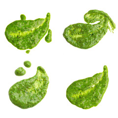 Set of fresh pesto sauce isolated on white, top view