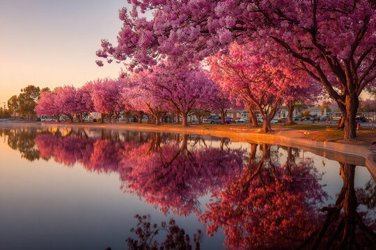 Serene waterfront lined with blooming pink trees reflecting in calm water at sunrise