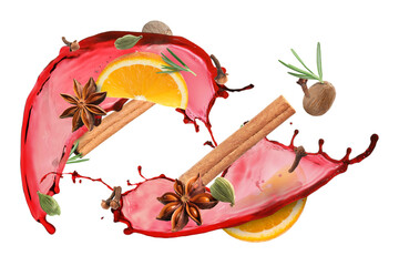 Mulled wine splash, spices and orange slices on white background