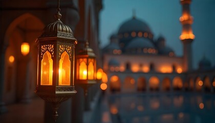 A beautifully lit lantern in front of a mosque, evoking the spirit of Ramadan, with a serene dusk city skyline behind it