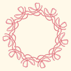 Vector illustration of a circular frame made of hand-drawn pink bows. Delicate and feminine decorative border perfect for invitations, cards, packaging, branding, and elegant design projects