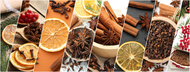 Christmas spices and cake. Collage with anise, dried orange slices, cloves and cinnamon. Happy winter holidays