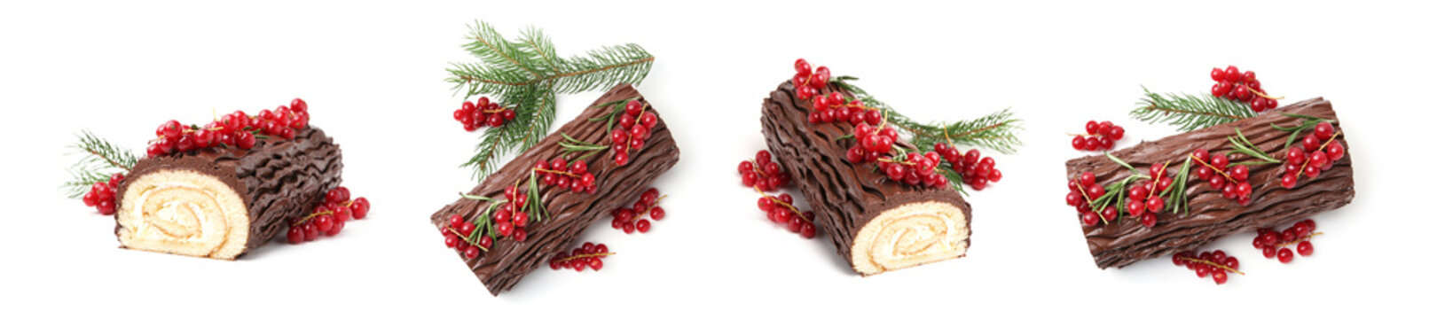 Christmas cake isolated on white, collage. Yule log