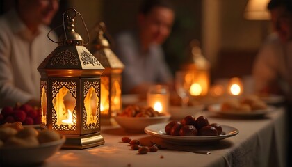 An inviting dining table adorned with food and glowing candles, creating a warm atmosphere for a Ramadan meal with family