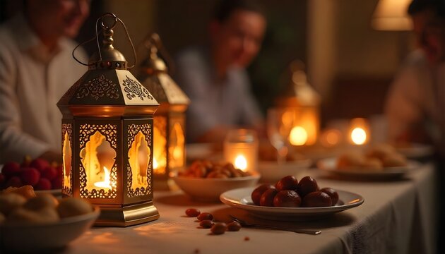 An inviting dining table adorned with food and glowing candles, creating a warm atmosphere for a Ramadan meal with family