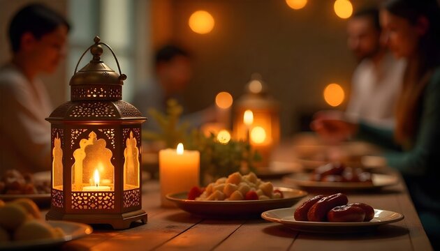 Elegant table adorned with traditional Ramadan dishes and candles, creating a warm atmosphere for family gatherings