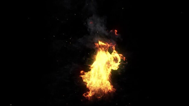 Small fire that burns rapidly with hot embers and sparks flying around, fast small fire VFX element in 4K Pro Res with mask pass