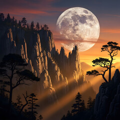 Sunset in the mountains and moon beautiful secne.