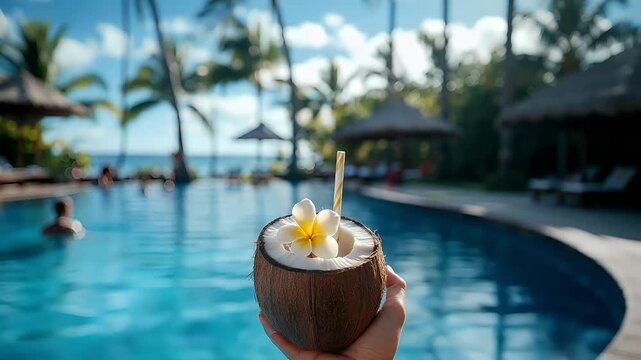 A hand holds a coconut with a white frangipani flower near a swimming pool. The scene is set against a backdrop of a tropical resort with thatched umbrellas and palm trees.