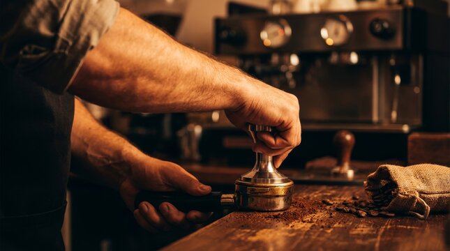 Professional Espresso Preparation Tamping Coffee Grounds in Portafilter