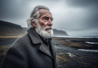 Portrait of distinguished old man with gray beard and hair, looking contemplatively at a rugged, overcast coastline.