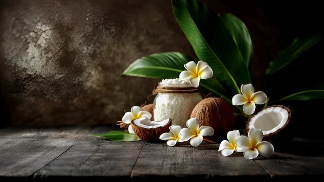 coconut and frangipani flowers on rustic wooden surface with dark background.