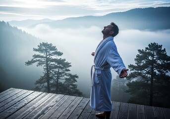 Man in White Bathrobe Enjoying Serene Misty Mountain Morning View on Deck