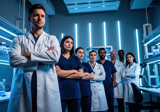 Confident Diverse Group of Scientists and Medical Professionals in Modern Laboratory
