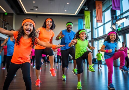 Happy Multiethnic Group of Adults and Children Exercising in a Bright Fitness Studio