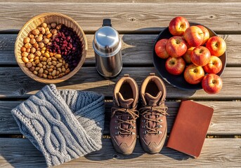 Top-down view of autumn hiking and picnic essentials including boots, apples, nuts, and a thermos on a wooden table