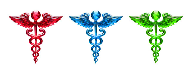 Set of Three Caduceus Symbol in Red, Blue, and Green Gemstone Textures, Luxury Medicine, High-Quality Health Care, Pharmacy Logo Concept