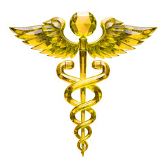 Golden Gemstone Caduceus Symbol, Representing Premium Pharmaceutical Services and Health Care Logo
