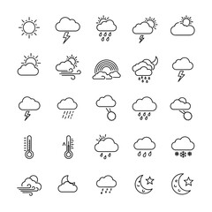 Fototapeta premium Weather forecast icons deliver essential climate data, from sunny days to rainstorms and snowy nights, with clear and concise visual representation