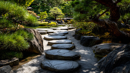 Serene japanese garden path with stepping stones through lush greenery and tranquil water