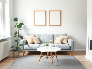 Obraz premium Bright and airy living room with a light blue sofa and modern decor