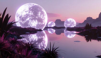 Dreamy purple landscape with glowing orbs reflecting in still water, evoking a sense of wonder and serenity under a soft, pastel sky during twilight