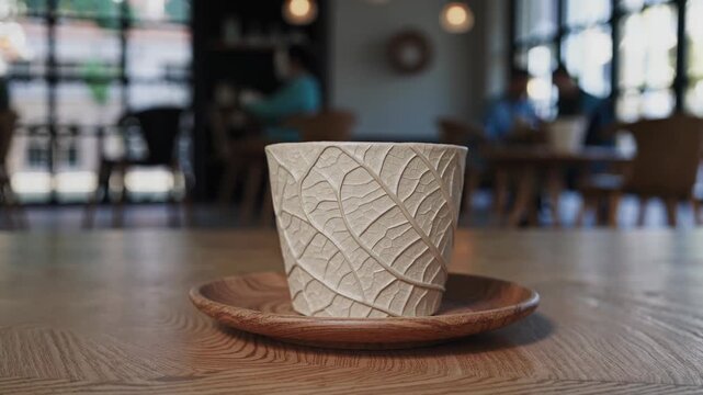 Ceramic mug with delicate leaf pattern resting on wooden saucer, positioned within softly blurred cafe interior with indistinct customers in background