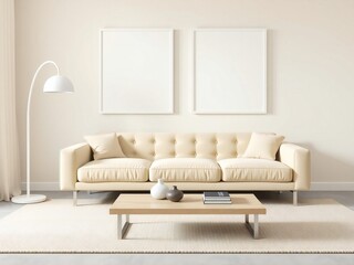Fototapeta premium Modern living room with cream sofa and two blank frames on wall