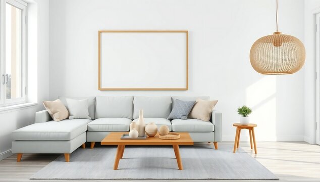Modern living room with sectional sofa coffee table and blank wall art - Powered by Adobe