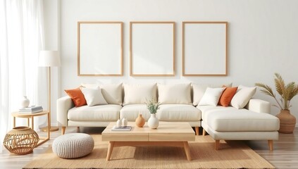 Cozy living room with sectional sofa coffee table and blank picture frames