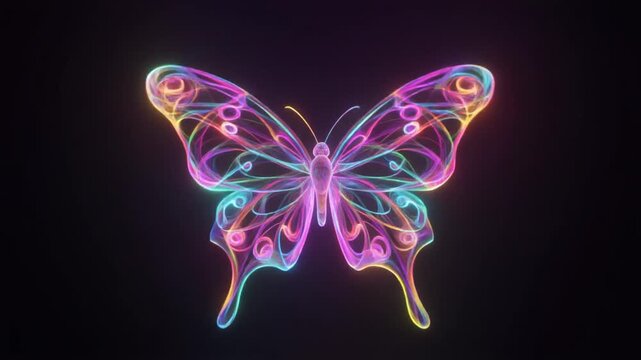 A Butterfly of Light. Abstract Background of Rainbow. The wings are not solid but are made of intricate swirling filaments of rainbow-colored light and ethereal gas (pink purple blue green).
