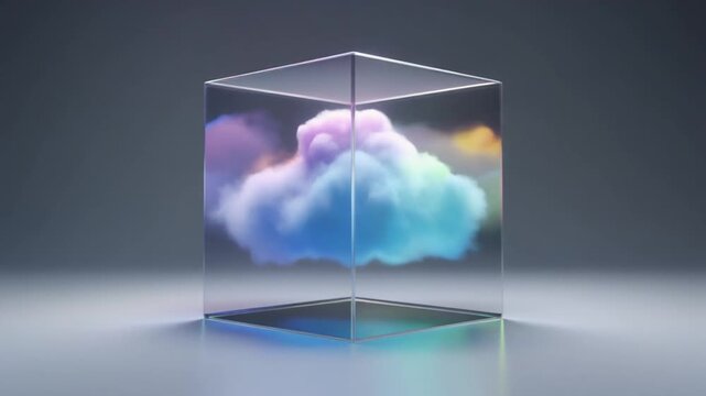A Cloud in a Glass Box. Abstract Background of Rainbow. A beautiful colorful swirling cloud of rainbow gas (purple pink blue) is completely trapped and contained inside a perfect clear glass cube.
