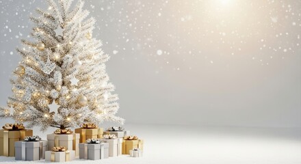 Christmas tree decorated with lights and gifts on snowy floor. copy space for background.