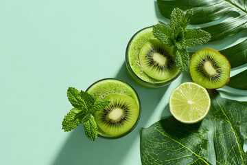 Refreshing green kiwi and mint smoothies served with lime on a pastel background