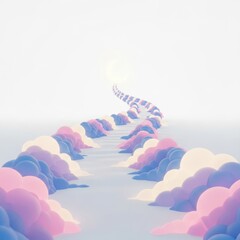 Stairway to heaven with pastel clouds leading to a bright light. Dream and hope.