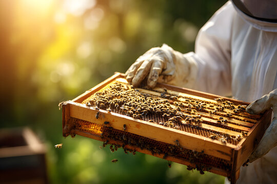 Beekeeper inspecting honeycomb frame during afternoon in sunny garden