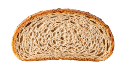A close-up showcasing a rustic slice of bread, highlighting its texture and airy crumb, emphasizing the artisan baking process and natural ingredients