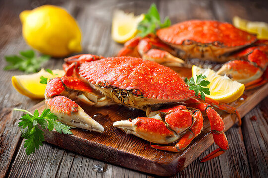 Freshly cooked crabs served with lemon wedges on a wooden board in a rustic kitchen setting