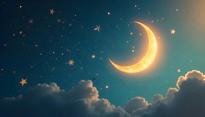 Naklejka premium A serene crescent moon and stars in a twilight sky, reflecting the beauty and tranquility of Ramadan celebrations