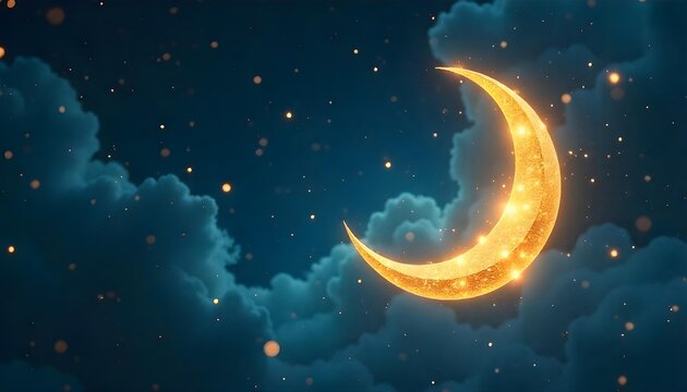 The crescent moon and stars glow against a dark blue sky, embodying the essence of Ramadan and its spiritual significance - Powered by Adobe