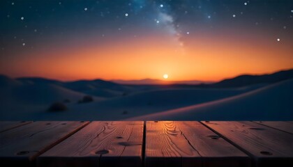 A wooden table in the desert at dusk, illuminated by stars, creating a serene setting for Ramadan celebrations