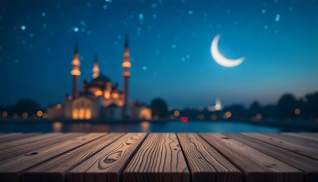 Elegant wooden table with dates and tea, featuring a mosque and crescent moon in the background, celebrating Ramadan - Powered by Adobe
