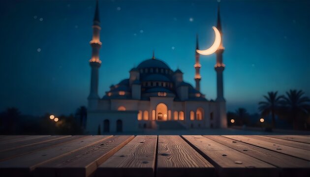 Wooden table set for Iftar with a crescent moon and mosque silhouette against a dusky sky, symbolizing Ramadan