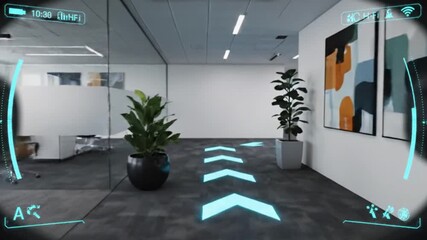 Digital Office Vision: A high-tech view inside a modern office, showing a corridor with a futuristic Heads-Up Display (HUD) overlay and digital guidance, with plants. - Powered by Adobe