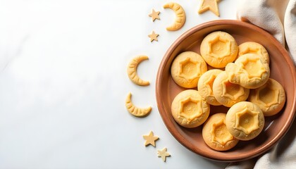 A white background features a plate of cookies, representing traditional sweets enjoyed during Ramadan festivities