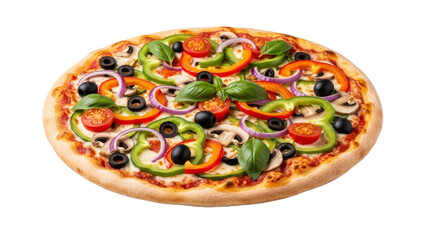Delicious vegetarian pizza with colorful toppings: tomatoes, peppers, mushrooms, onions and olives on a white background