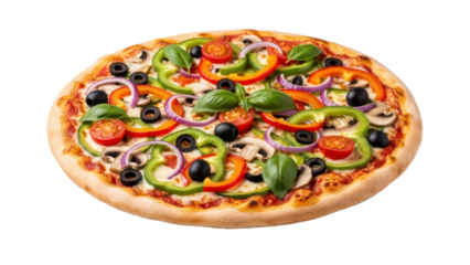 Delicious vegetarian pizza with colorful toppings: tomatoes, peppers, mushrooms, onions and olives on a white background