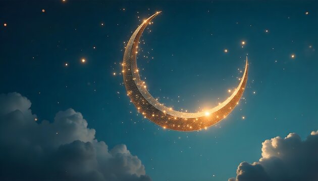 Crescent moon and stars sparkle in the night sky, capturing the essence of Ramadan's holy atmosphere and community spirit