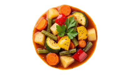 Elevated view of colorful vegetable stew featuring carrots, potatoes, zucchini and green beans in a savory broth displayed on a pristine white surface